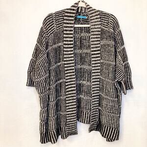 Alice + Olivia Black White Wool Blend Nera Rib Knit Boxy Cardi Sweater Size LG
